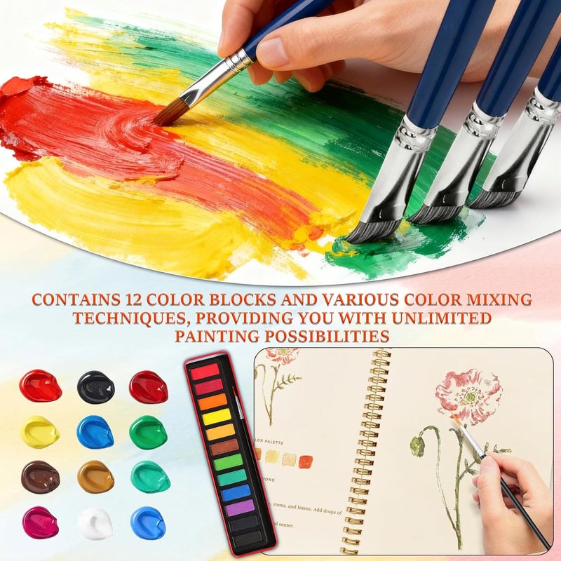 KOSIMI Watercolor Workbook – Water Coloring Book, Beginner Watercolor Painting Kit Paint Set Workbook with 12 Watercolor Paints & Brush (Flower A) - Image 4